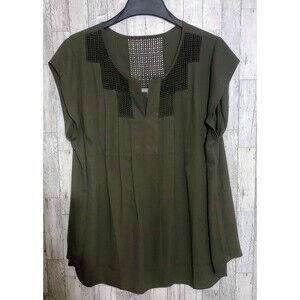 Daniel Rainn Estefany‎ Lace Detail Split Neck Blouse Olive Green Size 3X